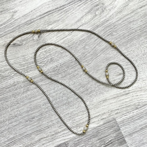 Opera style long necklace silver and gold with small clear stones - Picture 5 of 6